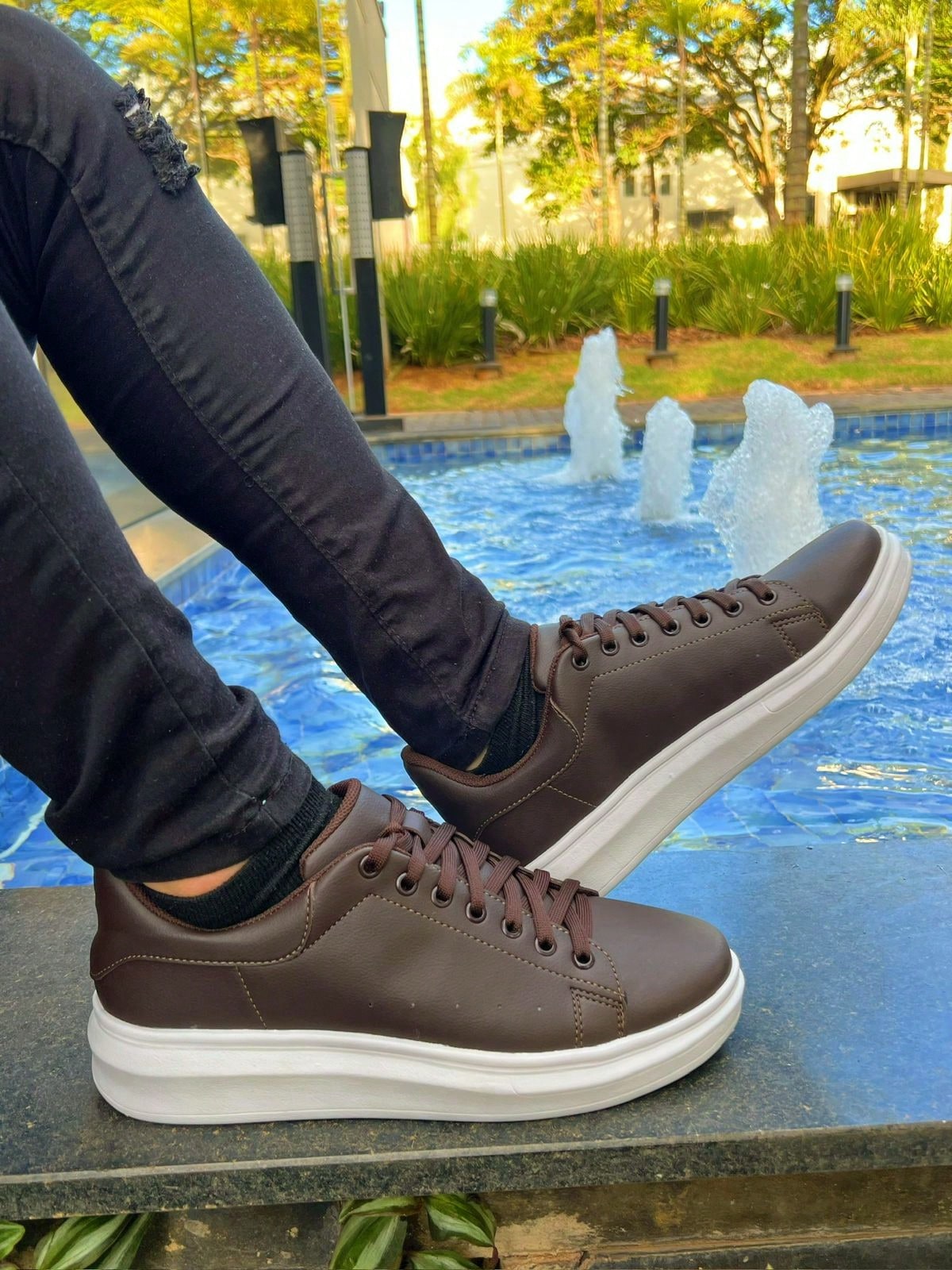 Tênis Casual Couro Solado Alto Antiderrapante