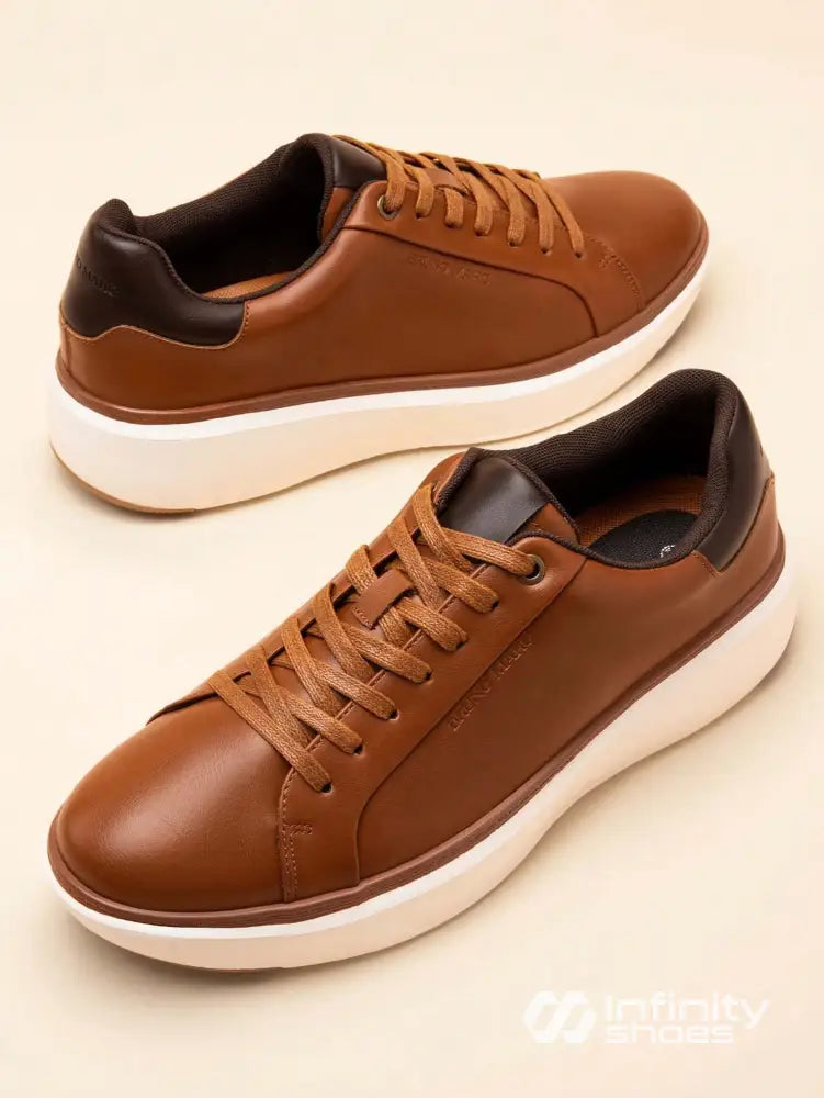 Tênis Casual Couro Com Solado Alto Confortável Marrom / 36 Tênis Casual Couro Com Solado Alto Confortável