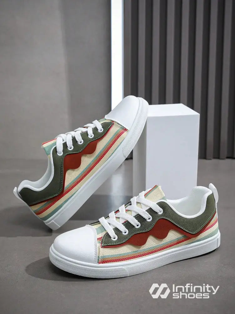 Tênis Casual Cano Baixo Estampado Listras Recortes Branco / 36 Tênis Casual Cano Baixo Estampado Listras Recortes